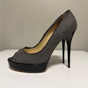 Jimmy Choo London Flannel Patent Leather Gray Wool Black Cosmic EU 39 US 9 UK 6